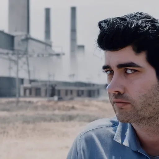 Image similar to a guy in a grey shirt and blue jeans with black hair and no facial hair looking in the distance to see a factory ( high detailed, greatly illustrated, good quality photo shot, amazed details and uhd cinematic movie shot )