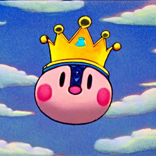 Image similar to Kirby wearing a crown and looking down at a city from the clouds