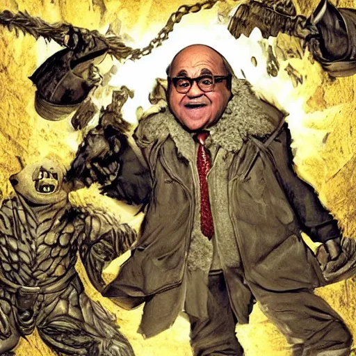 Prompt: Danny Devito dodging a trap in a dungeon