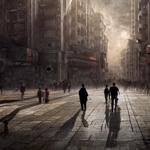 Image similar to hordes of drone-like people aimlessly walking around a depressing dystopian cityscape , trending on artststion, hyper realistic, surreal, melancholic, 8k, upscaled