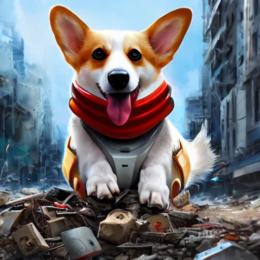 Prompt: white and brown corgi dog with robotic legs and robot red eye stands happy in a destroyed city on a clowdy day by artgerm ; debris, dust, hyperdetailed, artstation, cgsociety, 8 k