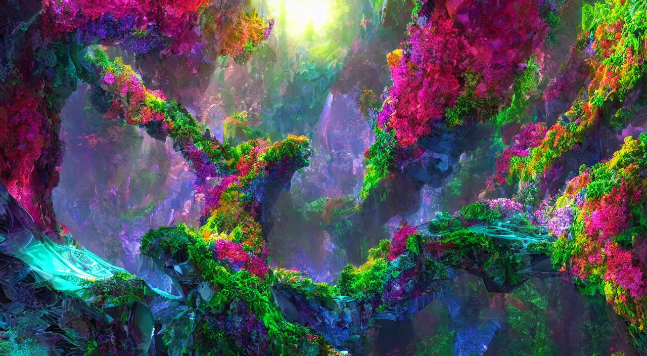 Prompt: biological crystallographic lattice bridging megastructure, in a canyon with flowers and lots of colors, by jack oliva - rendler, by glenn small, by albert bierstadt, photorealistic, zaha hadid, god rays, volumetric lighting, detailed, extremely intricate, raytrace, octane, light fog, neon