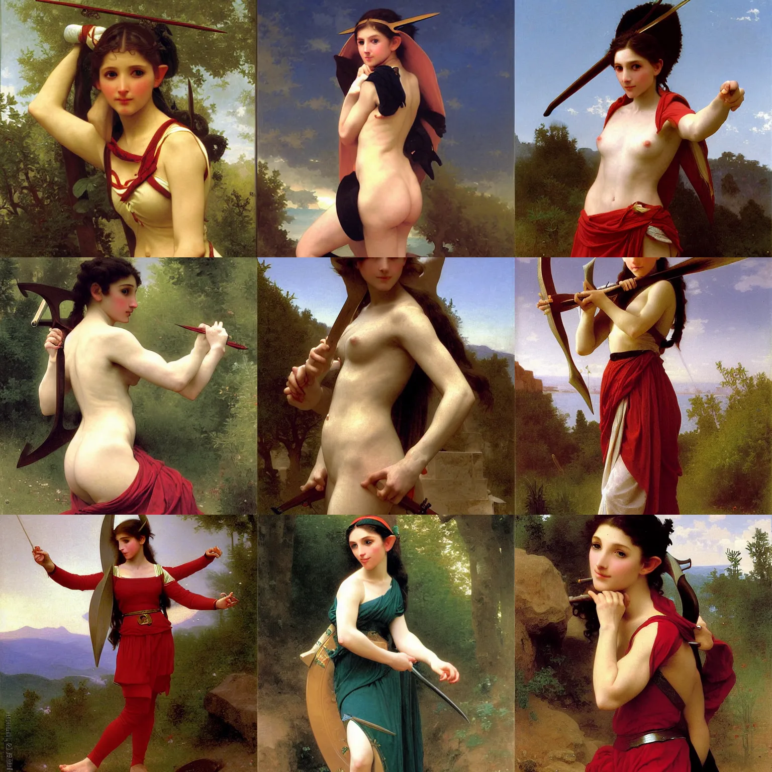 Prompt: archer elf girl, painted by William-Adolphe Bouguereau