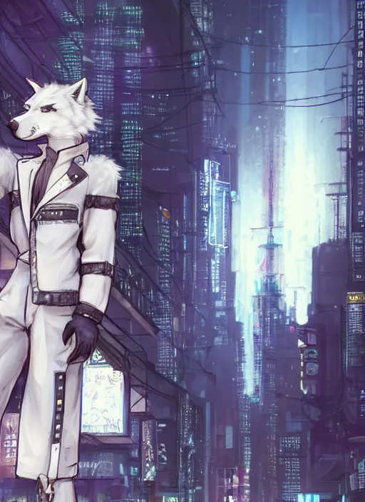 Image similar to character portrait of a male anthro white wolf fursona with a tail and a cute beautiful attractive furry face wearing stylish cyberpunk clothes in a cyberpunk city at night while it rains. hidari, color page, tankoban, 4K, tone mapping, Akihiko Yoshida.