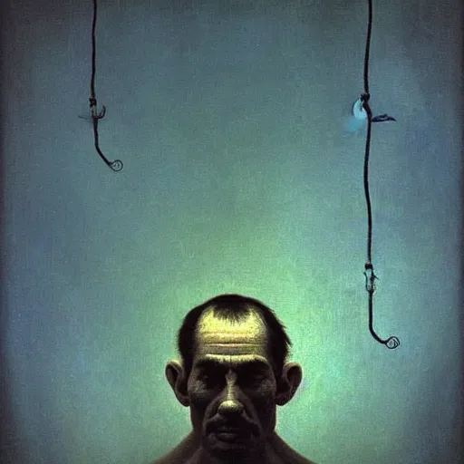 Prompt: a portrait of a man who is sad because he missed the climbing contest - winning digital artwork by salvador dali, beksinski, van gogh and monet. stunning lighting