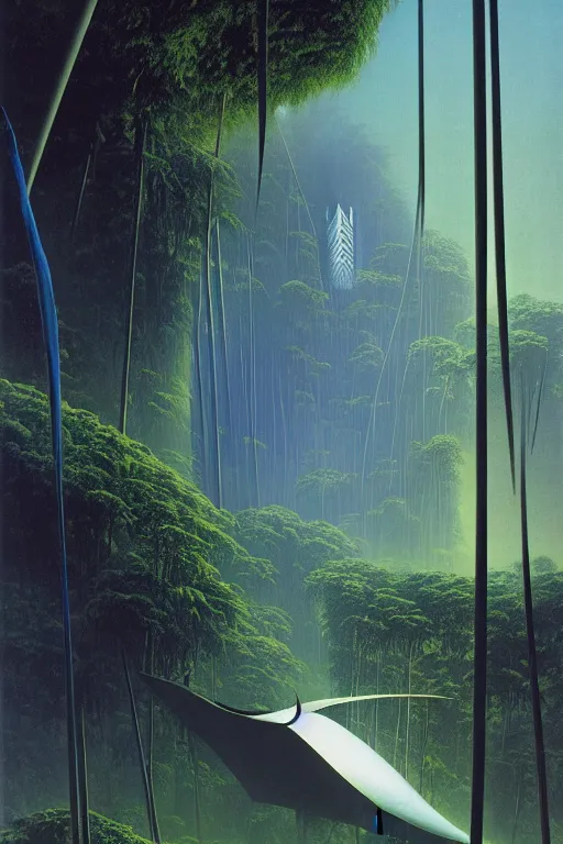 Image similar to emissary space by author haas and bruce pennington and john schoenherr, cinematic matte painting, zaha hadid building in a lush jungle, 8 k, dark color palate