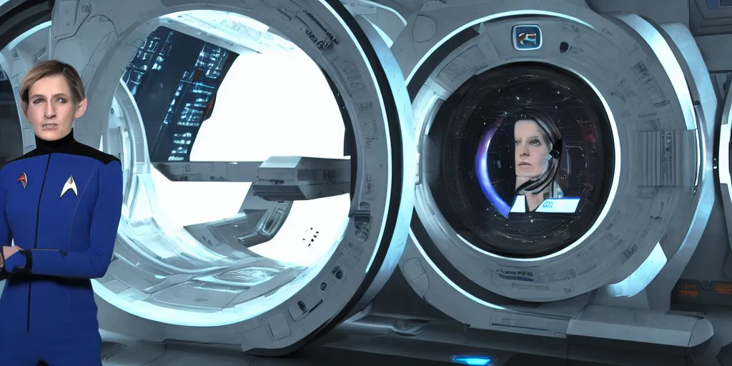 Image similar to a woman in a star trek uniform standing in front of a machine, a screenshot by René Auberjonois, cg society contest winner, retrofuturism, uhd image, elite, sci-fi