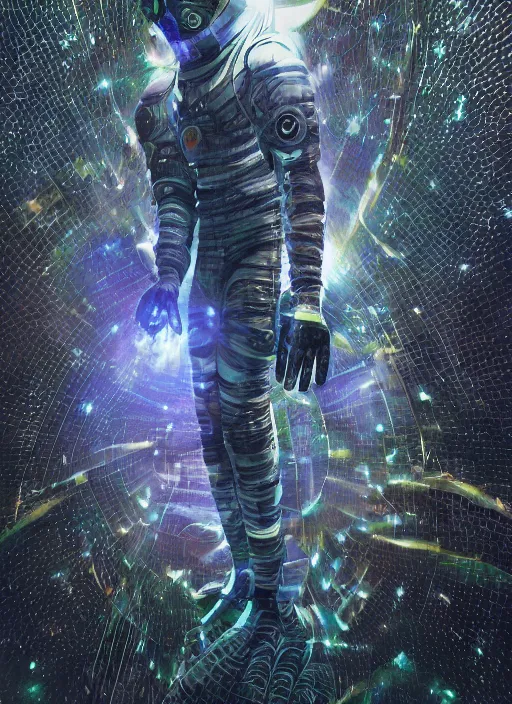 Image similar to astronaut in dark void underwater - complex and hyperdetailed suit. reflection and dispersion materials. rays and dispersion of light. glowing lights. volumetric light. f / 3 2. noise film photo. flash photography. ultra realistic, wide angle. poster by wayne barlowe, hajime sorayama aaron horkey, craig mullins