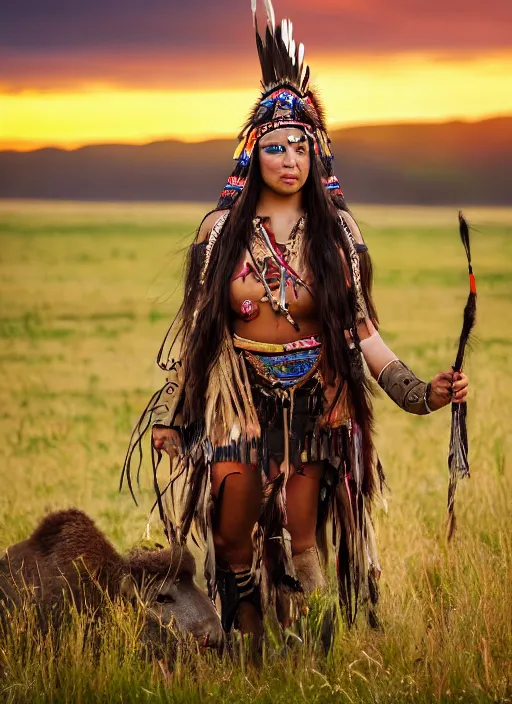 Image similar to hyper detailed photo of an American Indian warrior princess wearing a headdress, in a field with a bison at sunset, long black hair, maximalist, hd, 8k, muted colors,