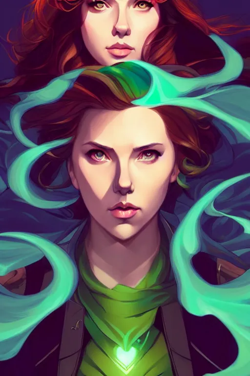 Prompt: style artgerm, joshua middleton, illustration, scarlett johansson as mage wearing green pelt light armor, anime eyes, blue hair, swirling water cosmos, fantasy, dnd, cinematic lighting