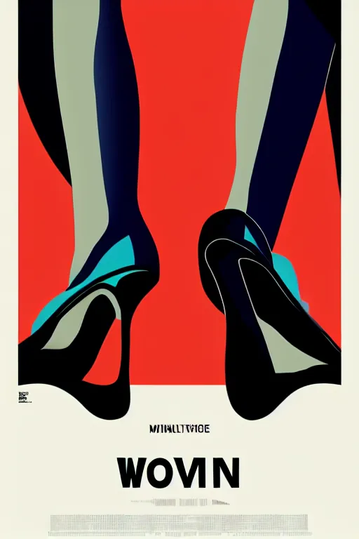 Image similar to minimal movie poster, woman with different colored shoes, dramatic