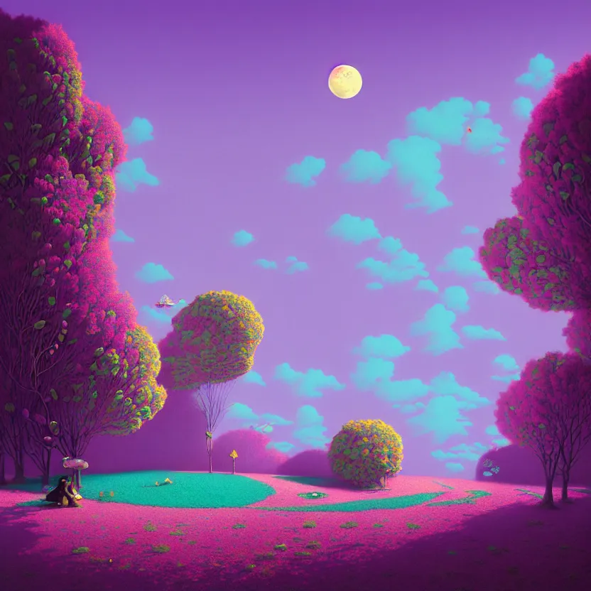 Image similar to lilac moon teal shadow, summer morning, very coherent and colorful high contrast, art by! gediminas pranckevicius! geof darrow, pastel color, volumetric lighting, cinematic, floralpunk screen printing woodblock, dark shadows, hard lighting, stippling art