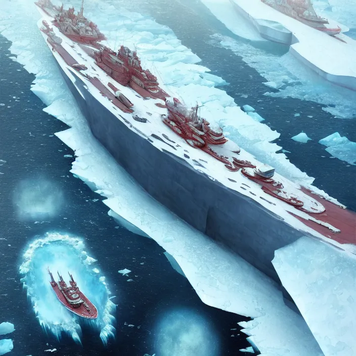 Prompt: one singular solo enormous gigantic steel ship - shaped fortress sailing across an icy frozen ocean. masterpiece, cinematic, hyperdetailed, photorealistic, hyperrealism, octane render, depth of field, bokeh, architecture, aerial view, art by tom bagshaw, geof darrow, james gurney, filip hodas