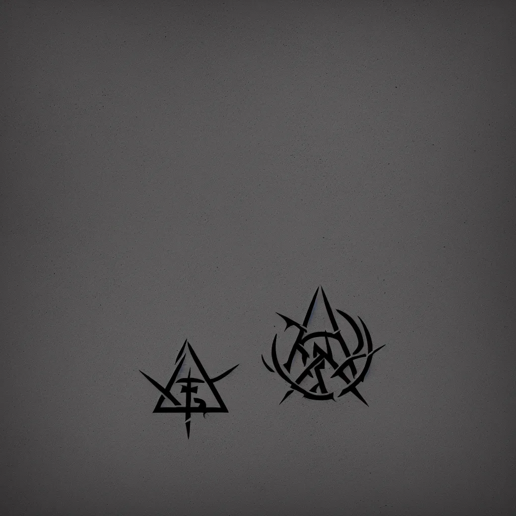 Image similar to 1 : 1 album artwork, dark and desaturated colours, centered design, minimal features, large dark gradients, contrasting colours, low colour, minimal black metal logo, satanic logo, technical logo dark gradients