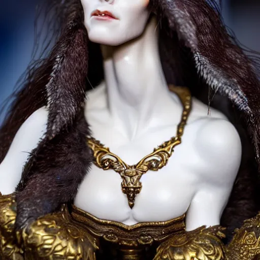 Prompt: photo taken of an epic intricate, ultra detailed, super realistic bust of a majestic gracious regal aristocratic brunette female vampire created by weta workshop, menacing, some zoomed in shots, photorealistic, sharp focus, white wall, extremely cold blueish colour temperature, 3 5 mm, f 1. 4, golden ratio