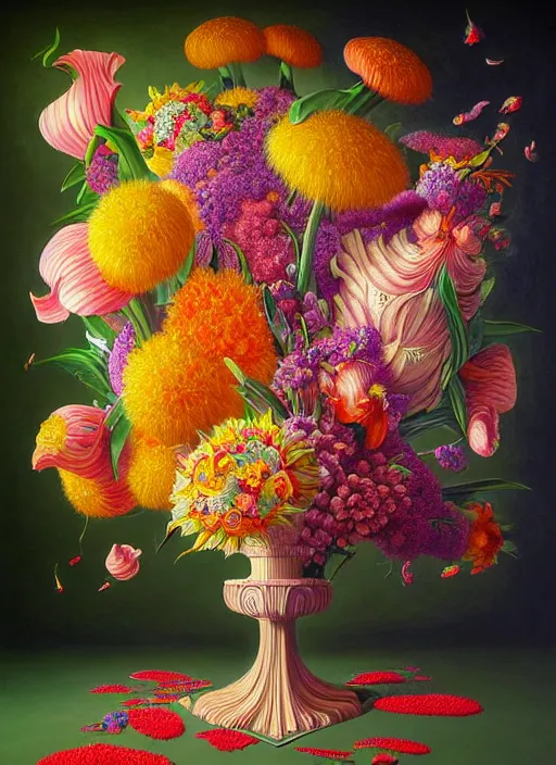 Prompt: hyper detailed 3d octane render illustration like a Oil painting - a vivid exotic flower bouquet, long petals, huge blossoms, by Jacek Yerka, Mariusz Lewandowski, Laszlo generative render, long brush strokes, Masterpiece, Edward Hopper and James Gilleard, Zdzislaw Beksinski, Mark Ryden, Wolfgang Lettl, hints of Yayoi Kasuma, octane render, 8k