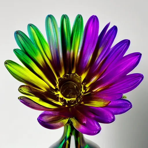Prompt: An ultra high definition studio photograph of an alien flower that is ((((((((((wilting))))))))))in a simple vase on a plinth. The flower is multicoloured iridescent. High contrast, key light, 70mm.