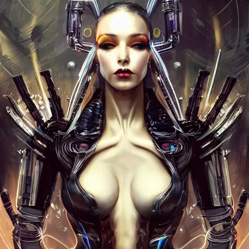 Prompt: a full body beautiful woman wearing a cyberpunk outfit by karol bak, ayami kojima, artgerm, sakimichan, hr giger, blue eyes, weapons, electronics, high tech, cyber wear, latex dress, bandage, concept art, fantasy, cyberpunk