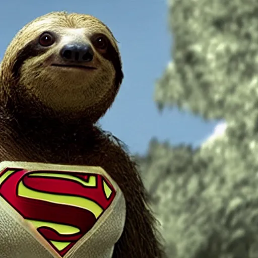 Prompt: movie still of a sloth as superman in superman
