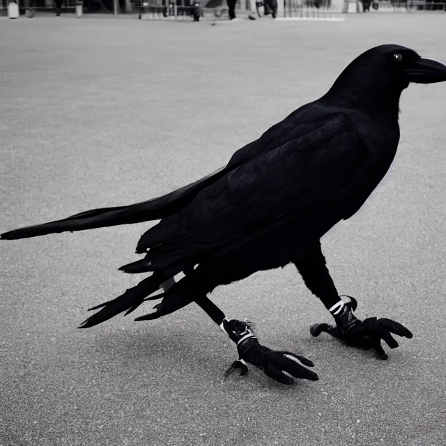 Image similar to a person wearing a fursuit of a crow fursona, fursona, photograph, furry fandom, photorealistic,