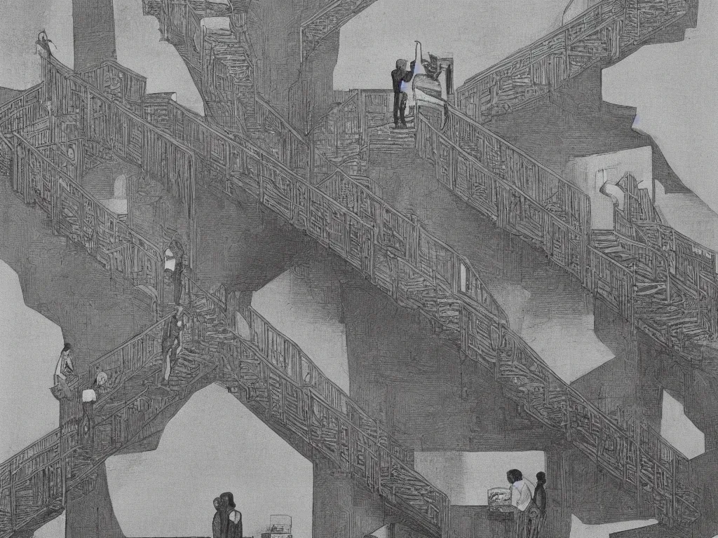 Image similar to lithograph printed in 1976. It depicts a man in an art gallery viewing a print of a seascape. The man's reflection is seen in the print, and the reflection shows the man walking down a staircase. The staircases in the print appear to be infinite, By M. C. Escher, colorized by Hayao Miyazaki