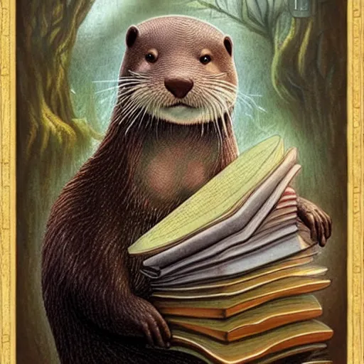 Prompt: an otter monk cleric reading his book, fantasy concept art by nicoletta ceccoli, mark ryden, lostfish, max fleischer