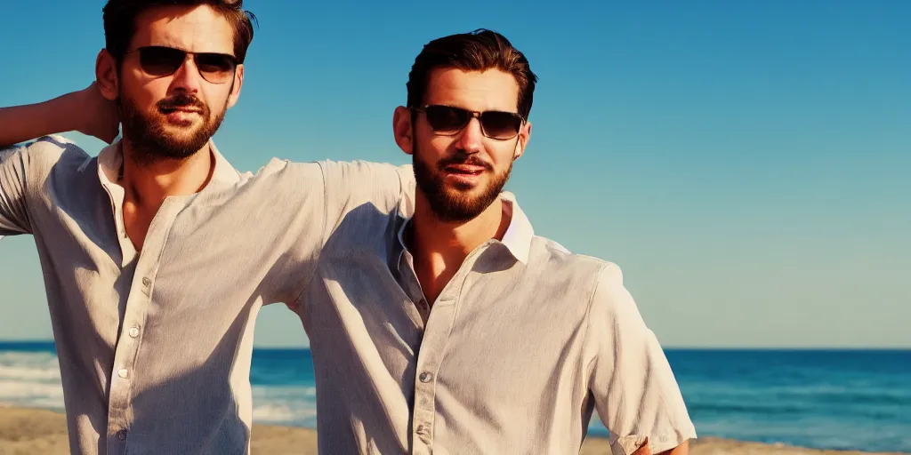 Image similar to a handsome guy is standing tall, in a beautiful shirt, with the beach, sea, sun, rays in the background? super detail, one character