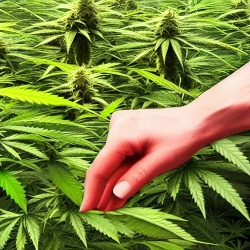 Image similar to the devil spreads his hands against the background of growing cannabis. realistic rendering