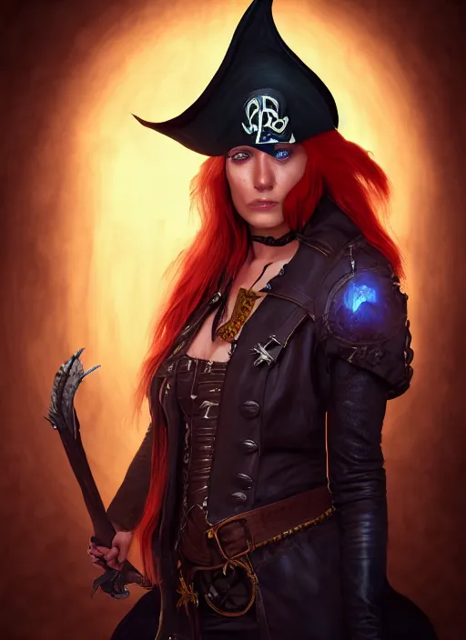 Prompt: A fantasy comic book style portrait painting of a 30 year old female as a pirate wizard with an eye patch in a atmospheric dark fortress, unreal 5, DAZ, hyperrealistic, octane render, RPG portrait, ambient light, dynamic lighting, dark tribal tattoos, eye patch, red head, witch, sorcerer