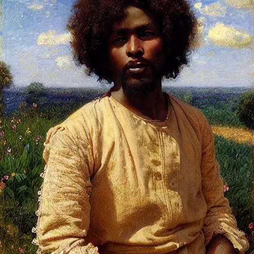 Prompt: east african man with curly hair, full body, fedosenko roman, j. w. godward, jose miguel roman frances, intricate details, countryside, dreamy, impressionist, figurative