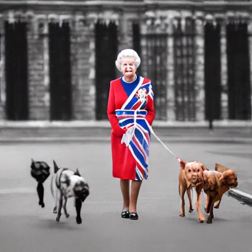 Image similar to photography portrait of queen elizabeth ii, queen of united kingdom, wearing a union jack dress and walking her dogs in the streets of london, photorealistic, canon r 3, photography, wide shot, symmetrical features, symmetrical pose, wide angle shot, head to toe, standing pose, feet on the ground