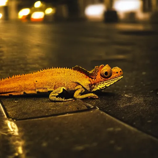 Image similar to a high quality low wide angle photo of a chameleon on the streets of a cyberpunk city, rainy, reflective ground, neon lights, realism, 8k