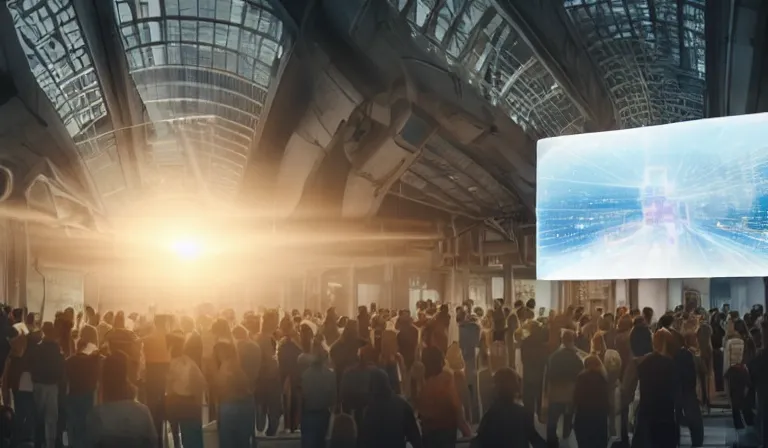 Image similar to crowd of people in simple white museum, looking at hologram of futuristic city on a table, cinematic concept art, godrays, golden hour, natural sunlight, 4 k, clear details, tabletop model buildings, center model buildings, hologram center, crane shot, crane shot, crane shot, white walls