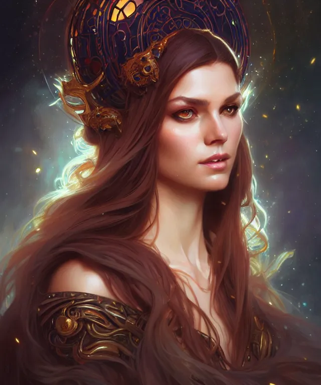 Image similar to fantasy magic woman portrait, sci-fi, amber eyes, face, long hair, fantasy, intricate, elegant, highly detailed, digital painting, artstation, concept art, smooth, sharp focus, illustration, art by artgerm and greg rutkowski and alphonse mucha