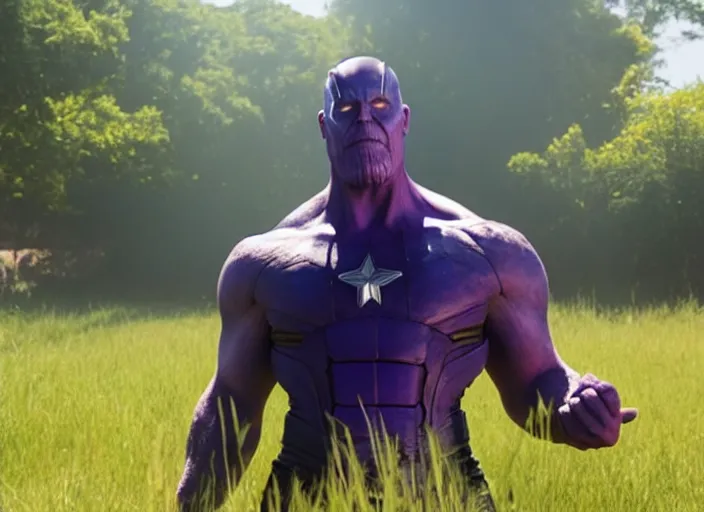 Prompt: photo still of thanos touching grass, 8 k, sunny day in a park in new avengers movie