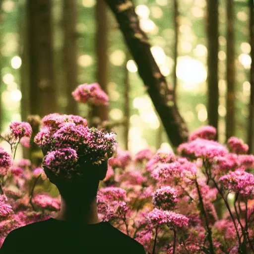 Image similar to close up kodak portra 4 0 0 photograph of a skinny guy standing in dark forest, face covered in flowers, moody lighting, telephoto, 9 0 s vibe, blurry background, vaporwave colors, faded!,