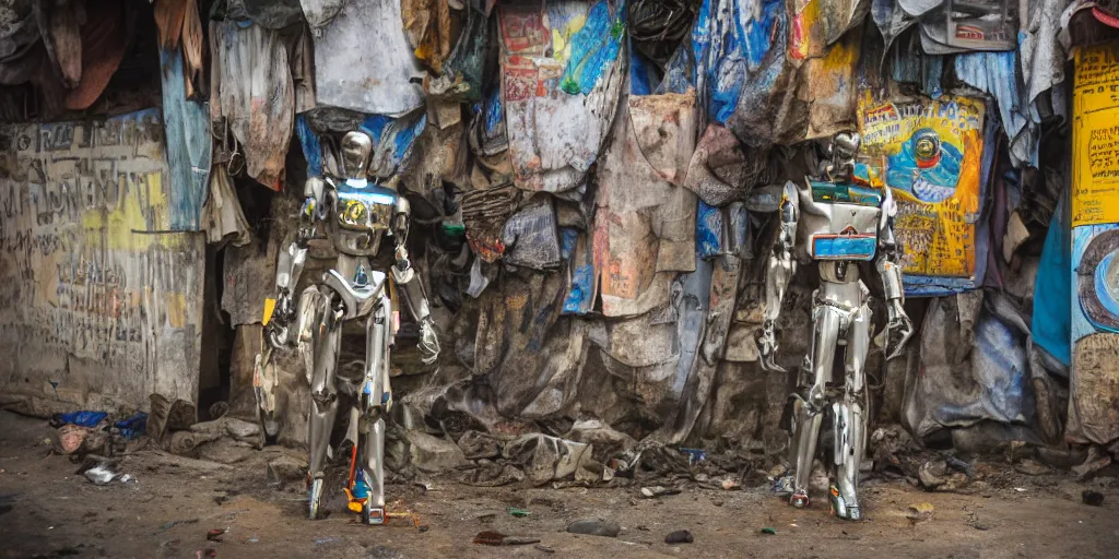 Image similar to mecha ROBOT of AJEGUNLE SLUMS of Lagos inside african JESUS CHRIST about AESTHETICS surrounding large UFO within NEON rays of light, 35mm, f/1.4,