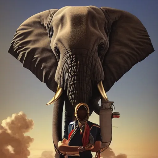 Prompt: an elephant dressed as an aviator, centered full body pose, zenith angle, shadowy area, dramatic lighting, concept art, digital painting, Unreal Engine 5, 8K, art by artgerm and Greg Rutkowski and Alphonse Mucha