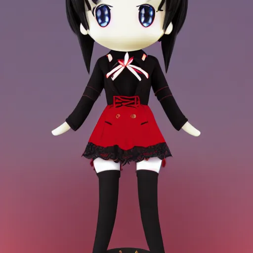 Prompt: cute fumo plush of a gothic maiden in a black and red gold lined uniform, laces and ribbons, soft shadow, anime girl, vray, symmetry