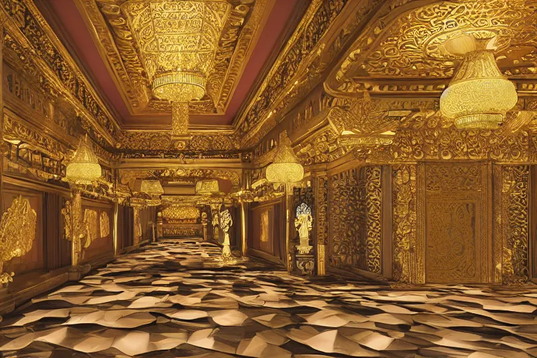 Prompt: Fantasy Asian inspired wide royal palace foyer with infinitely high ceilings, infinitely long corridors, wide grand staircase, Buddhist imagery, bejeweled, natural lighting, digital painting, concept art by Shaddy Safadi