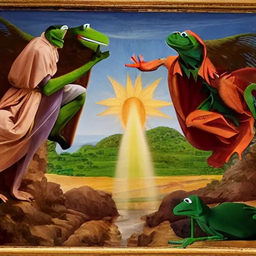 Prompt: the creation of adam but with kermit the frog and jim henson instead, muppets, renaissance style, heavenly, cosmic, god rays, intricate detail, 8 k,