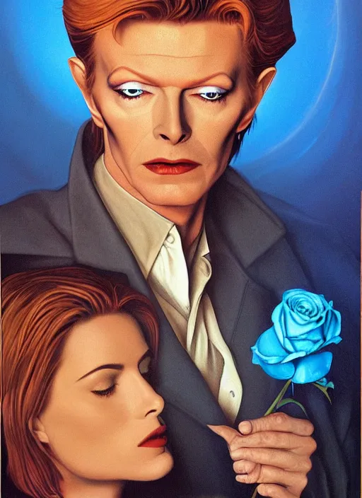 Prompt: twin peaks poster art, portrait of david bowie large blue rose looms over him, by michael whelan, rossetti bouguereau, artgerm, retro, nostalgic, old fashioned
