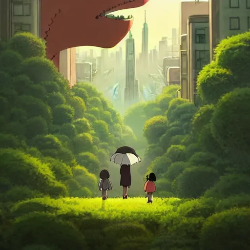 Prompt: a beautiful movie still in the style of Studio Ghibli anime showing a giant alien creature flying through a post-apocalyptic New York City overrun with vegetation. Studio Ghibli, trending on artstation, trending on behance