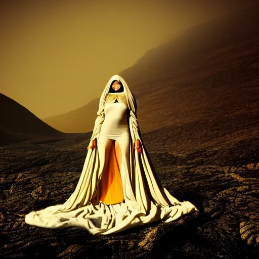 Image similar to levitating woman with huge fractal dress in the style of giger with white flowers and full - face golden mask inside a thick black smoke in rocky desert landscape, glowing eyes everywhere, dey earth by gaspar noe and christopher doyle, anamorphic lens, anamorphic lens flares, kodakchrome, cinematic composition, practical effects, award winning photo, 8 k