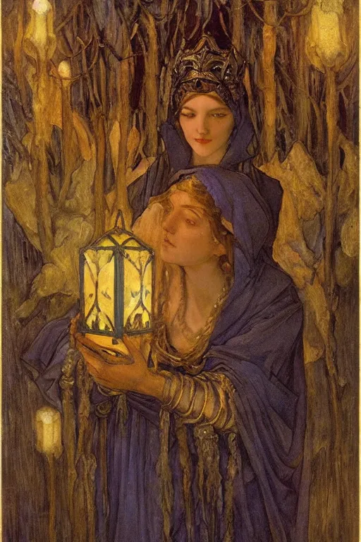 Prompt: queen of the winter with her lantern, by Annie Swynnerton and Nicholas Roerich and jean delville, dramatic cinematic lighting , ornate headdress , flowing robes, lost civilizations, smooth, sharp focus, extremely detailed