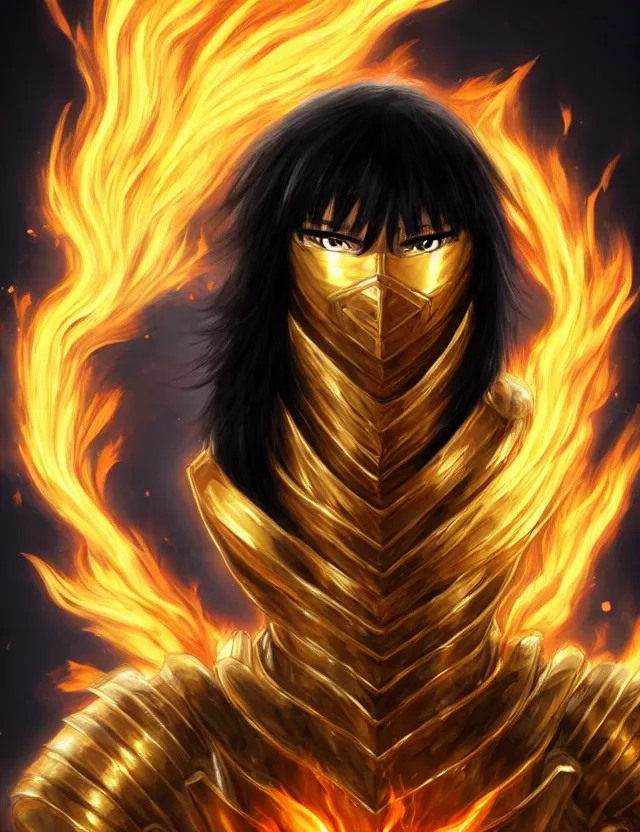 Image similar to a detailed manga portrait of a black haired man with hazel eyes in gleaming golden armour that burns with golden fire, trending on artstation, digital art, 4 k resolution, detailed, high quality, sharp focus, hq artwork, coherent, insane detail, character portrait