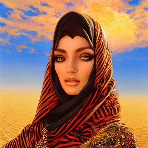 Prompt: a beautiful arabian woman in the sahara desert by karol bak, ayami kojima, artgerm, arabian beauty, blue eyes, smile, concept art, fantasy