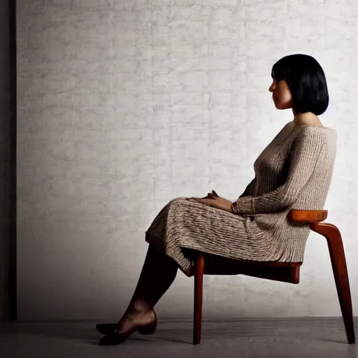 Image similar to beautiful woman sitting on how about midcentury modern wooden chair in the style of mies van der rough high end photoshoot