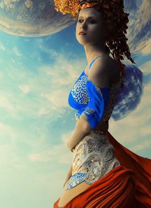 Image similar to full body portrait of beautiful goddess of mars theme inspired wearing blue and white carved details moving dress, she is floating in the air, planet mars in the background, open sky, 3 d realistic, octane render, mystical, orange fog, circle forms, iper realistic, cinematic light, paint on canvas, art by vlop