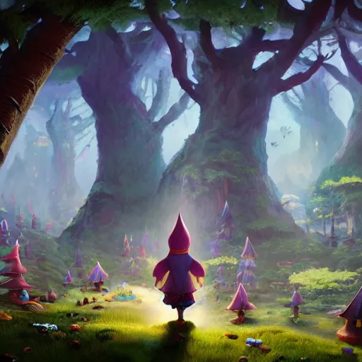 Prompt: An epic fantasy comic book style painting of a highly populated gnome city under giant mushrooms and enormous trees, beautiful steamy subterranean gnome city, character design by Mark Ryden and Pixar and Hayao Miyazaki, unreal 5, DAZ, hyperrealistic, octane render, cosplay, RPG portrait, dynamic lighting, intricate detail, summer vibrance, cinematic